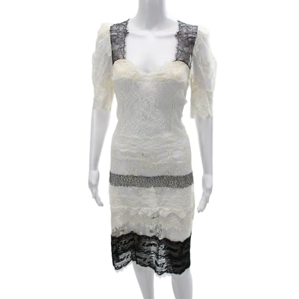 Cacharel Women Sheath Dress White Sweetheart Short Sleeve Lace Size 6